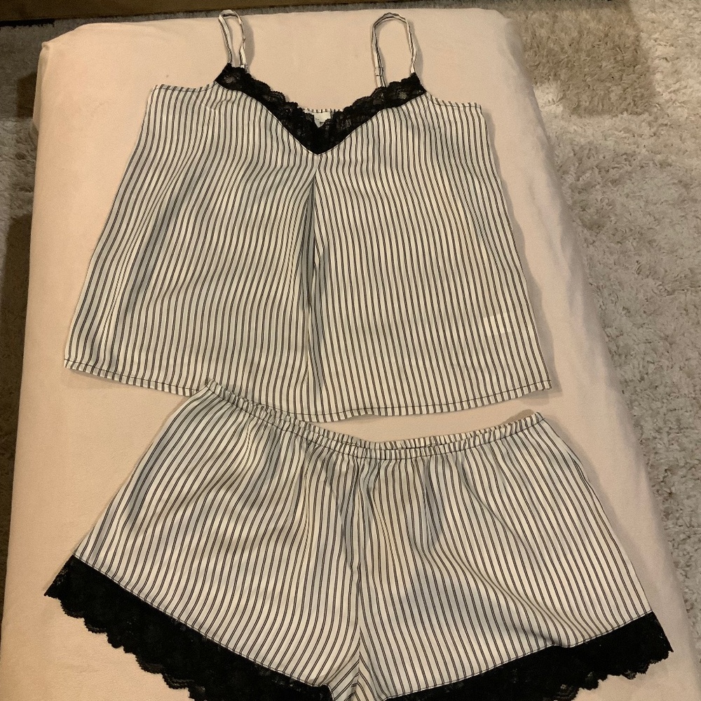 Halston Black White L Camisole Lace Trimmed Shorts Sleep Intimates Lightweight